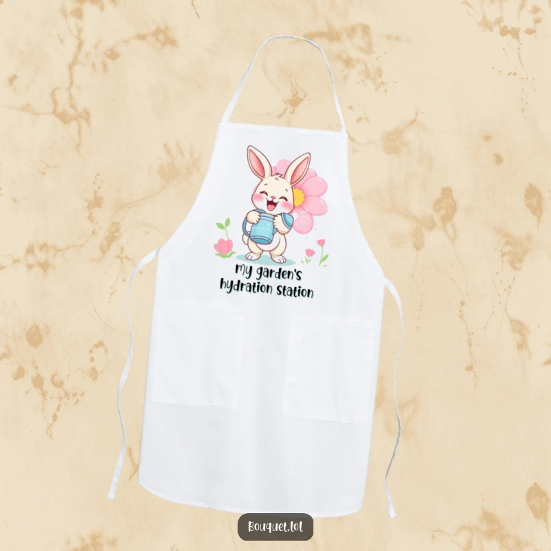 Funny bunny gardener apron, a delighted rabbit playfully watering a large bloom with a watering can, perfect for garden tasks.