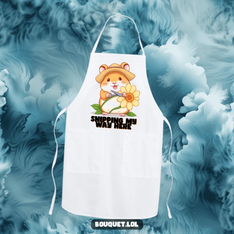 Funny apron showing a cheerful hamster gardener with a straw hat and tiny scissors, snipping a large flower stem, kitchen and garden accessory.