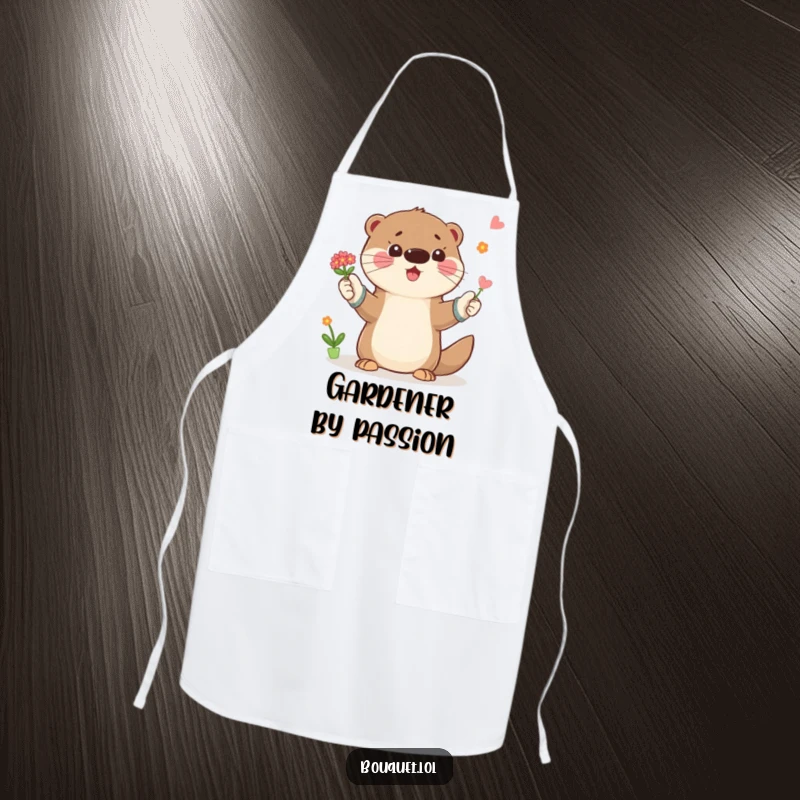 Funny apron depicting a playful otter in gardening gloves, tossing a small bouquet of flowers, perfect for kitchen or garden duties.
