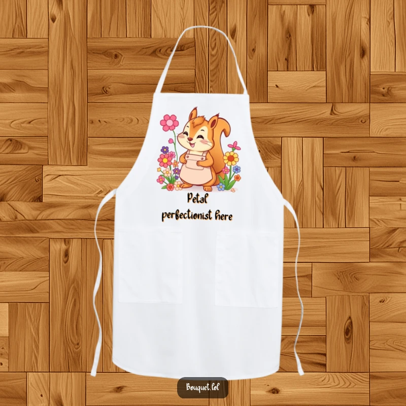 Funny squirrel florist apron, a cheerful character energetically arranging colorful flowers, ready for kitchen creativity and garden adventures.