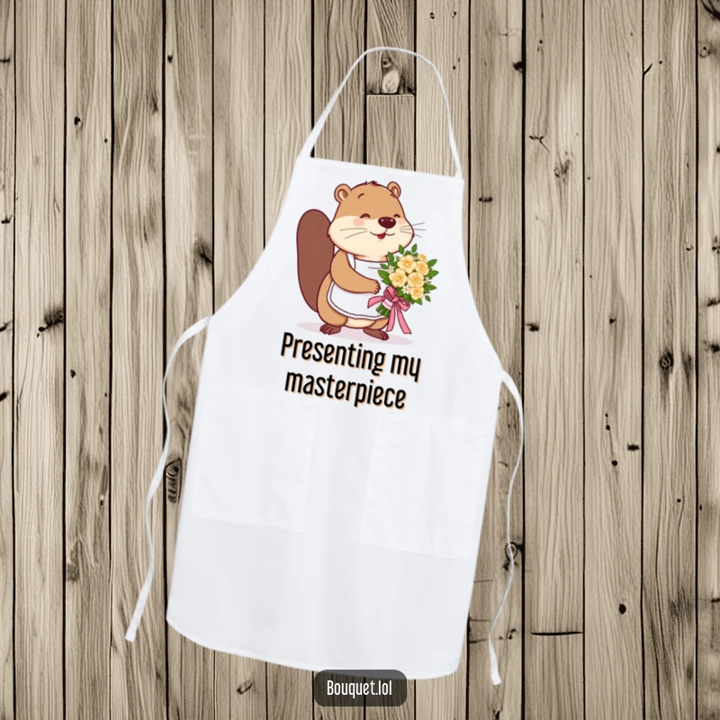 Funny beaver florist apron, a busy beaver wearing an apron expertly tying a ribbon on a flower bouquet, ready for creation.