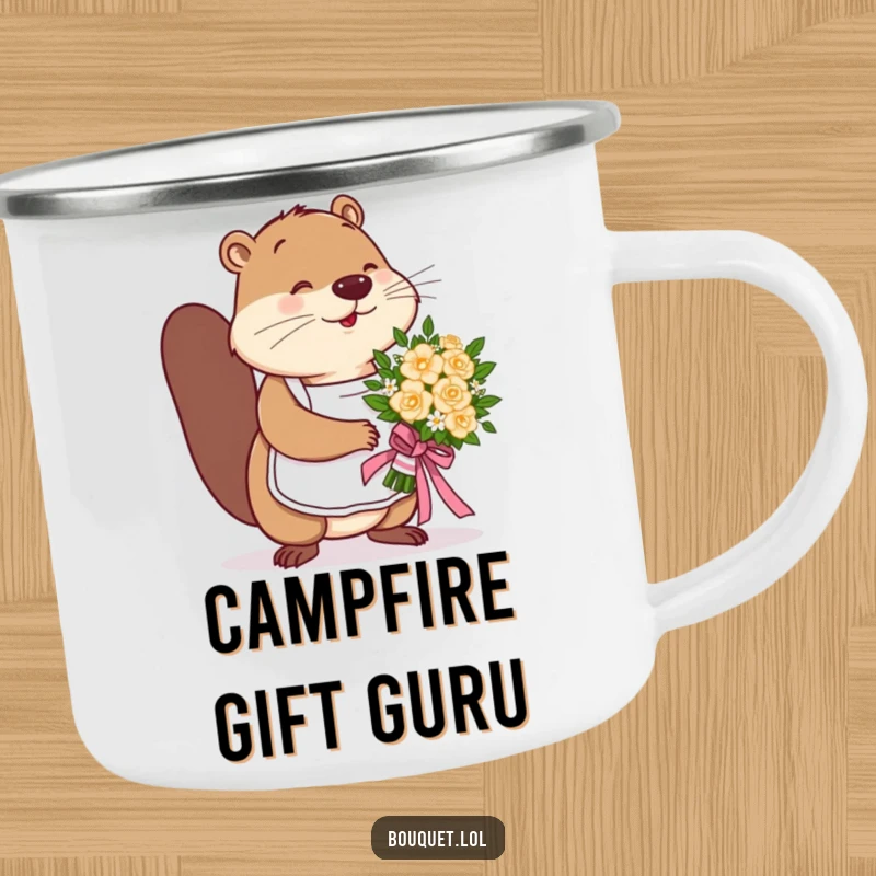 Funny beaver florist camping mug, a busy beaver expertly tying a ribbon on a bouquet, ideal for outdoor crafters.