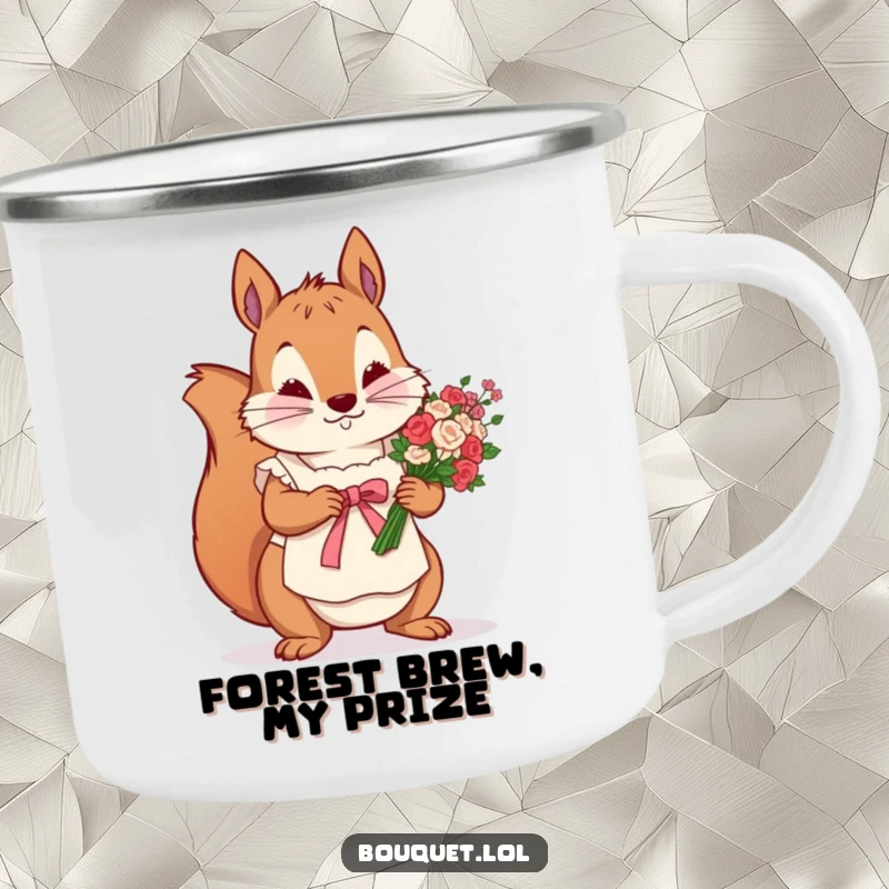 Funny camping mug featuring a determined squirrel in an apron, meticulously tying a ribbon around a flower bunch, for craft lovers on the go.