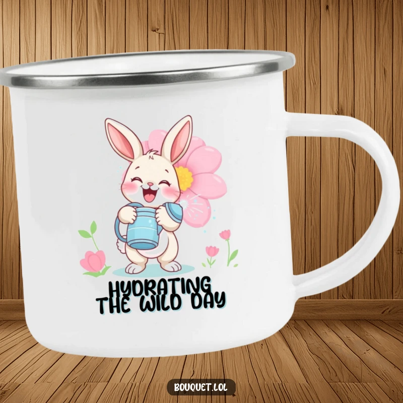 Funny bunny gardener camping mug, a delighted rabbit playfully watering a large bloom, perfect for outdoor adventures and garden lovers.
