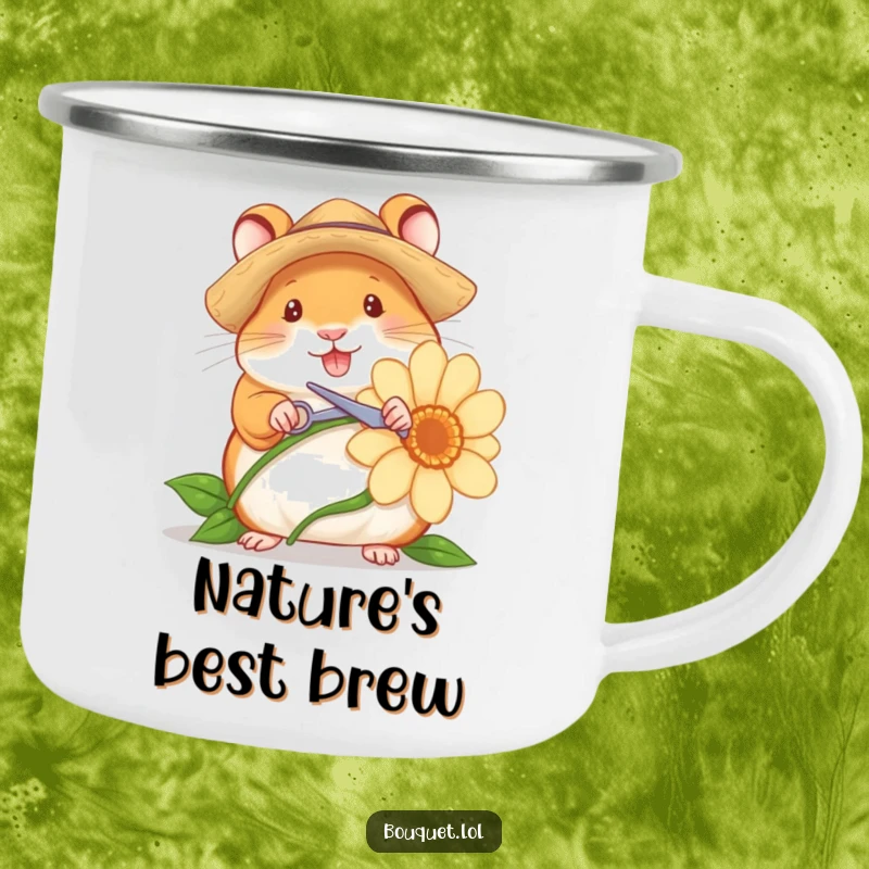 Funny camping mug featuring a cheerful hamster gardener in a straw hat, snipping a flower stem, perfect for outdoor adventures and hot drinks.