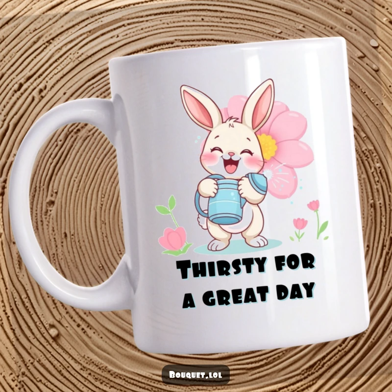 Funny bunny gardener mug, a delighted rabbit holding a watering can, playfully spraying water on a large, vibrant flower bloom.