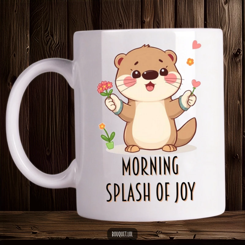 Funny mug with a playful otter in gardening gloves, tossing a small bouquet of flowers into the air, celebrating nature's beauty with joy.