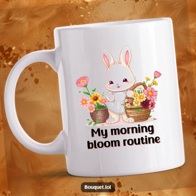 Funny Bunny Florist Mug: A cute bunny in an apron arranging colorful flowers with excitement.