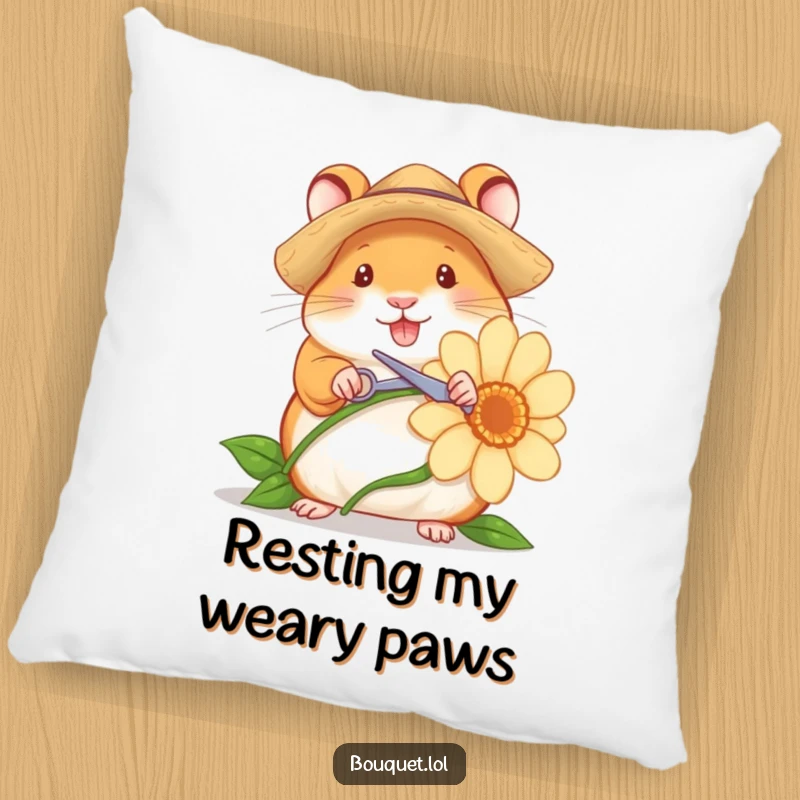 Funny pillow featuring a cheerful hamster gardener in a straw hat, holding tiny scissors to snip a flower stem, cute and comfy home decor.