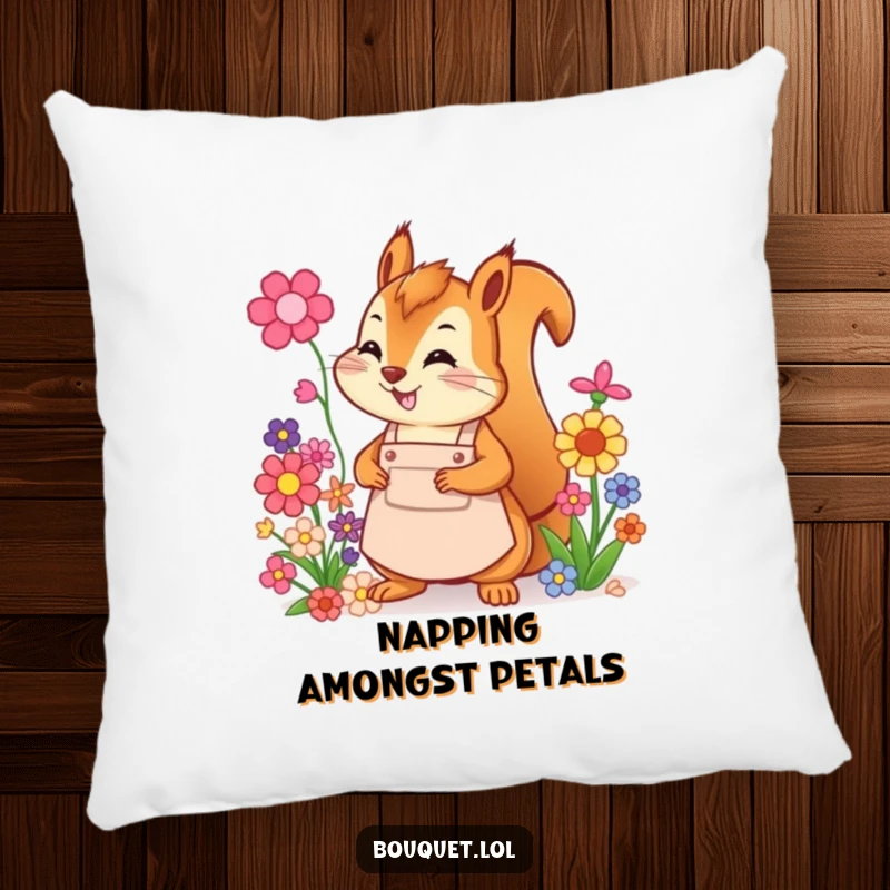Funny squirrel florist pillow, a cheerful squirrel in an apron arranging colorful flowers, offering comfort and a touch of whimsical decor.