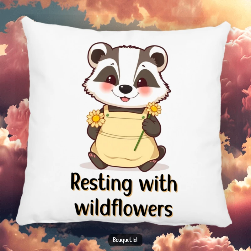 Funny badger gardener pillow, a happy badger carefully placing a daisy, offering comfort and a touch of natural serenity.