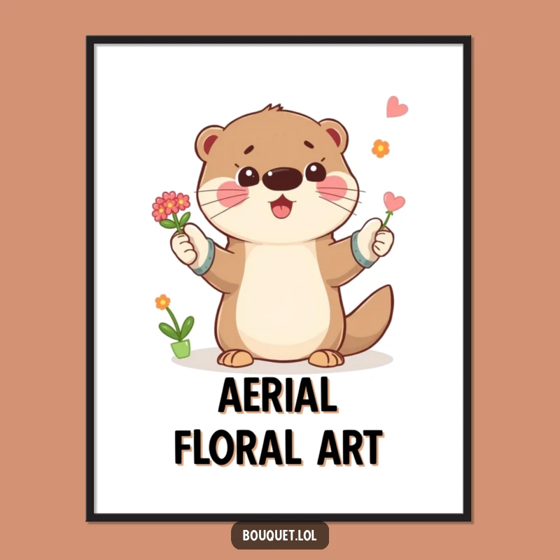 Funny Otter Gardener Digital Art: Playful Bouquet Toss, Instant Funny Gift Download