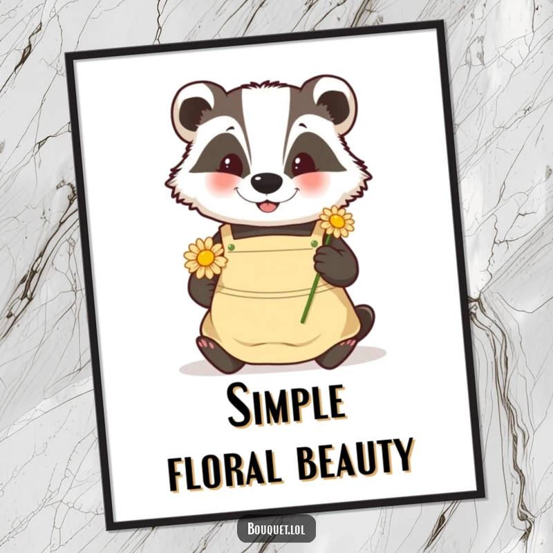 Funny badger gardener digital art print, a happy badger carefully placing a daisy, embodying gentle nature and peace.