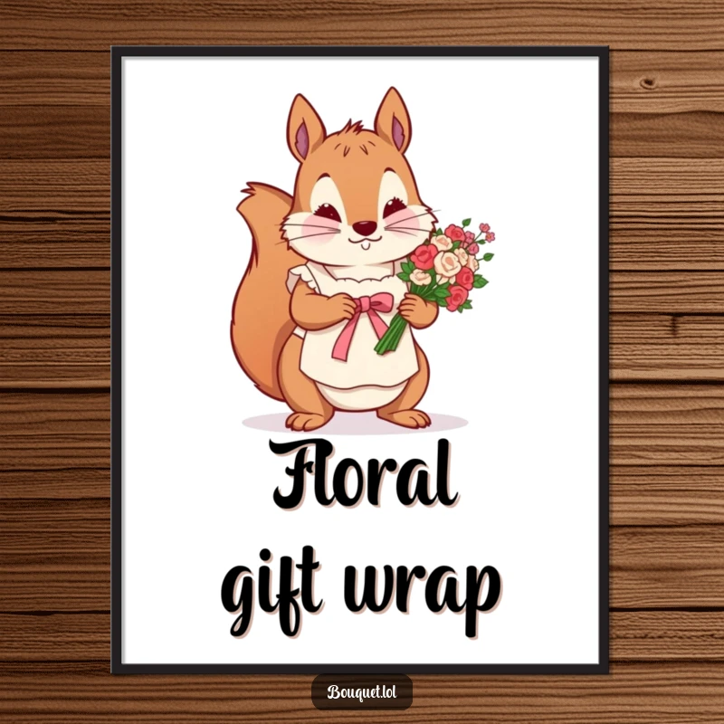 Funny digital art print of a determined squirrel in an apron, meticulously tying a ribbon around a flower bunch, detailed and charming illustration.
