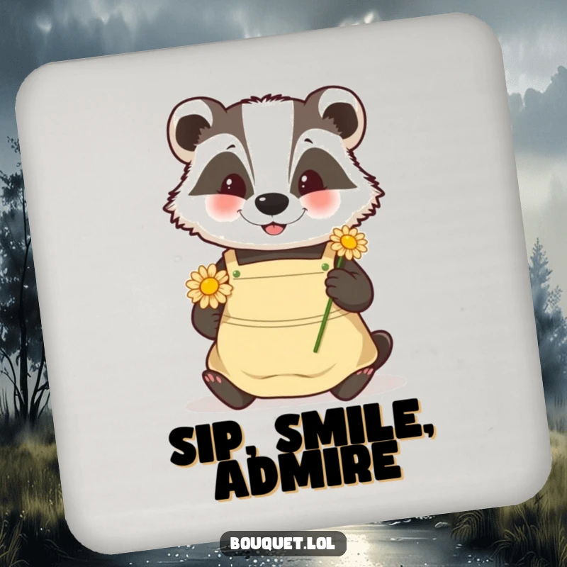 Funny badger gardener coaster, a happy badger carefully placing a daisy, protecting surfaces with natural charm.