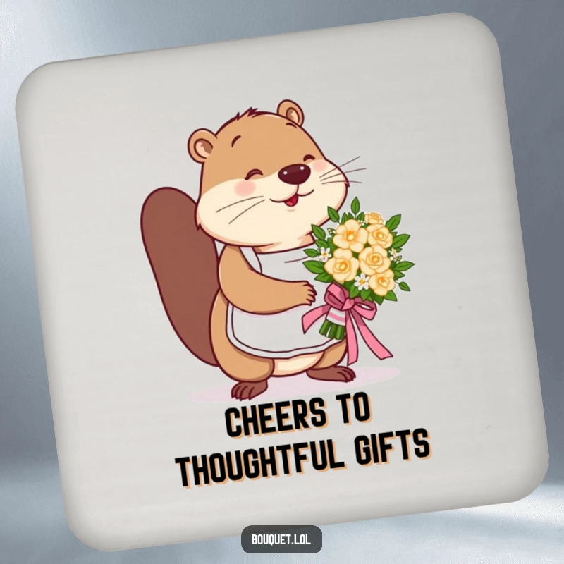 Funny beaver florist coaster, a busy beaver expertly tying a ribbon on a bouquet, protecting surfaces with crafty charm.
