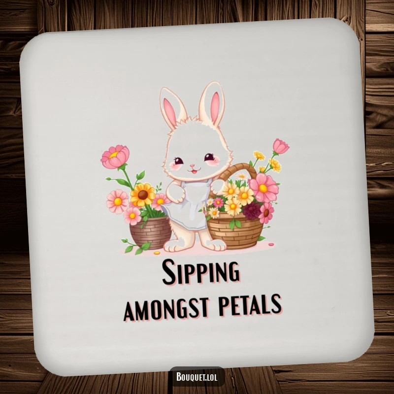 Funny Bunny Florist Drink Coasters: Bunny arranging flowers, protecting tables humorously.