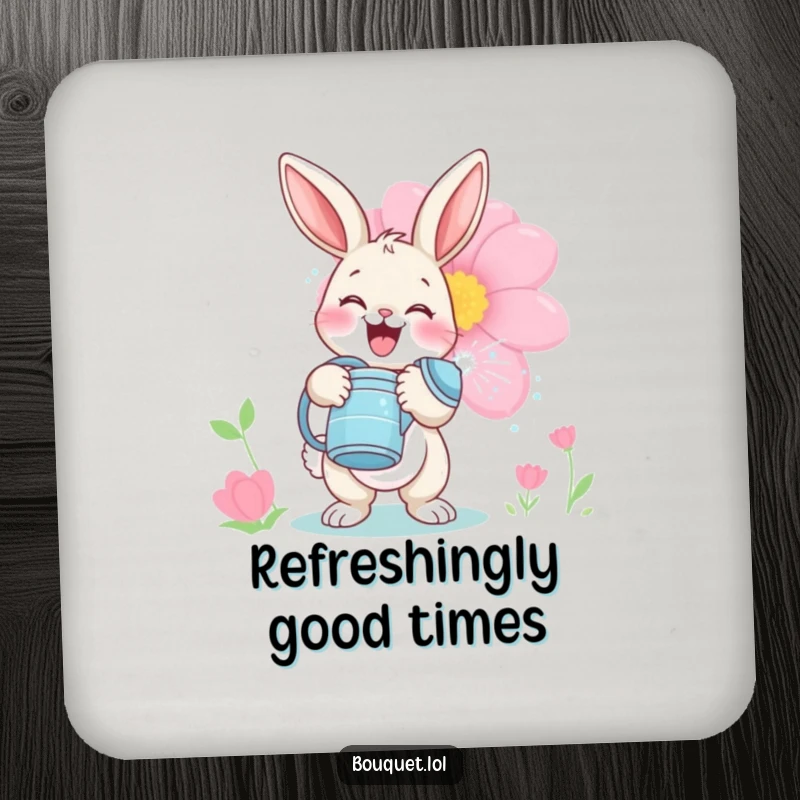 Funny bunny gardener coaster, a delighted rabbit playfully watering a large bloom, protecting surfaces with garden whimsy.