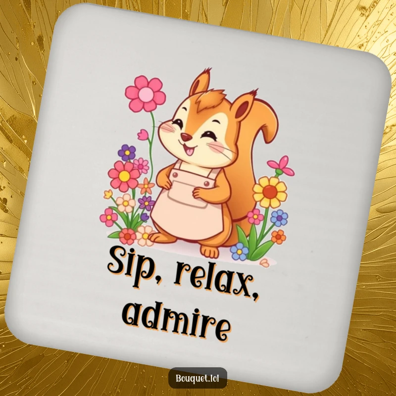 Funny squirrel florist coaster, a cheerful squirrel in an apron arranging colorful flowers, protecting surfaces with a touch of whimsy.