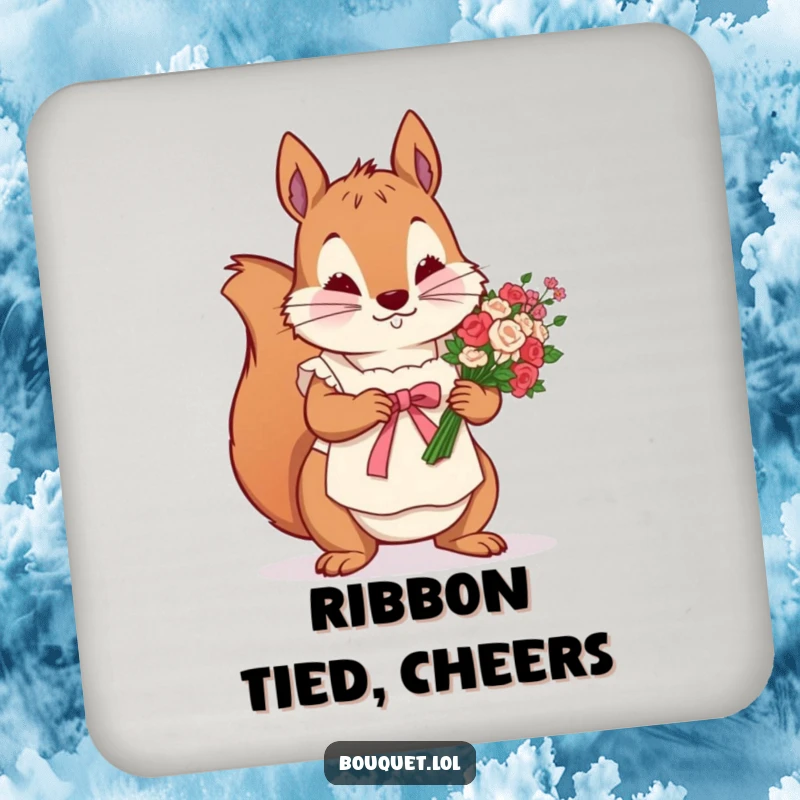 Funny drink coaster showing a determined squirrel in an apron, meticulously tying a ribbon around a flower bunch, protecting furniture with care.