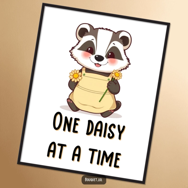 Funny badger gardener poster, a happy badger wearing an apron carefully placing a daisy, exuding peace and nature appreciation.
