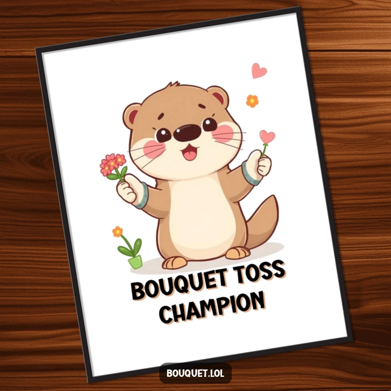 Funny poster art of a playful otter wearing gardening gloves, tossing a small bouquet of flowers, capturing a moment of pure delight.