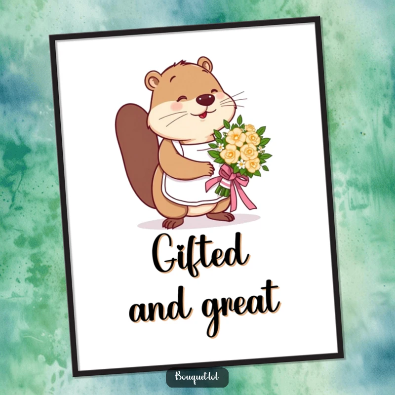 Funny beaver florist poster, showing a busy beaver wearing an apron, expertly tying a ribbon on a flower bouquet with concentration.