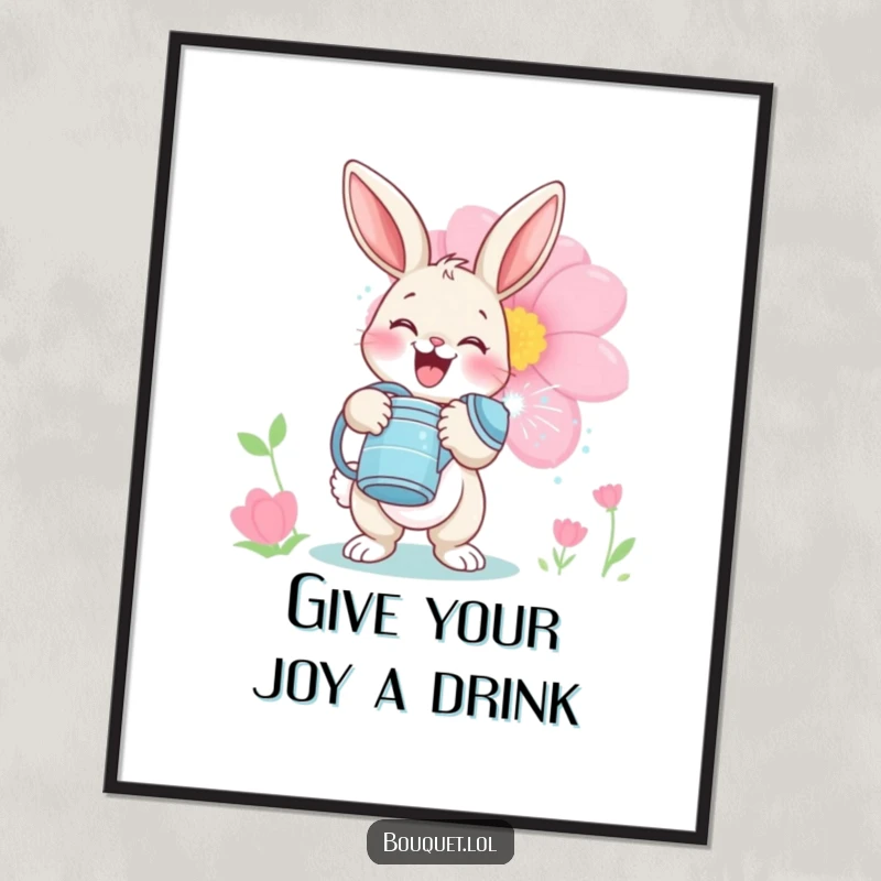 Funny bunny gardener poster, a delighted rabbit holding a watering can, playfully spraying a large bloom, bringing garden cheer indoors.