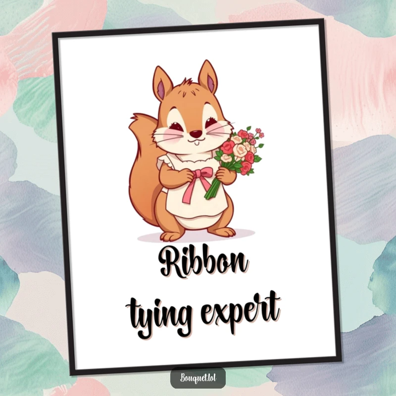 Funny poster art of a determined squirrel in an apron, meticulously tying a ribbon around a flower bunch, celebrating artisanal skill.