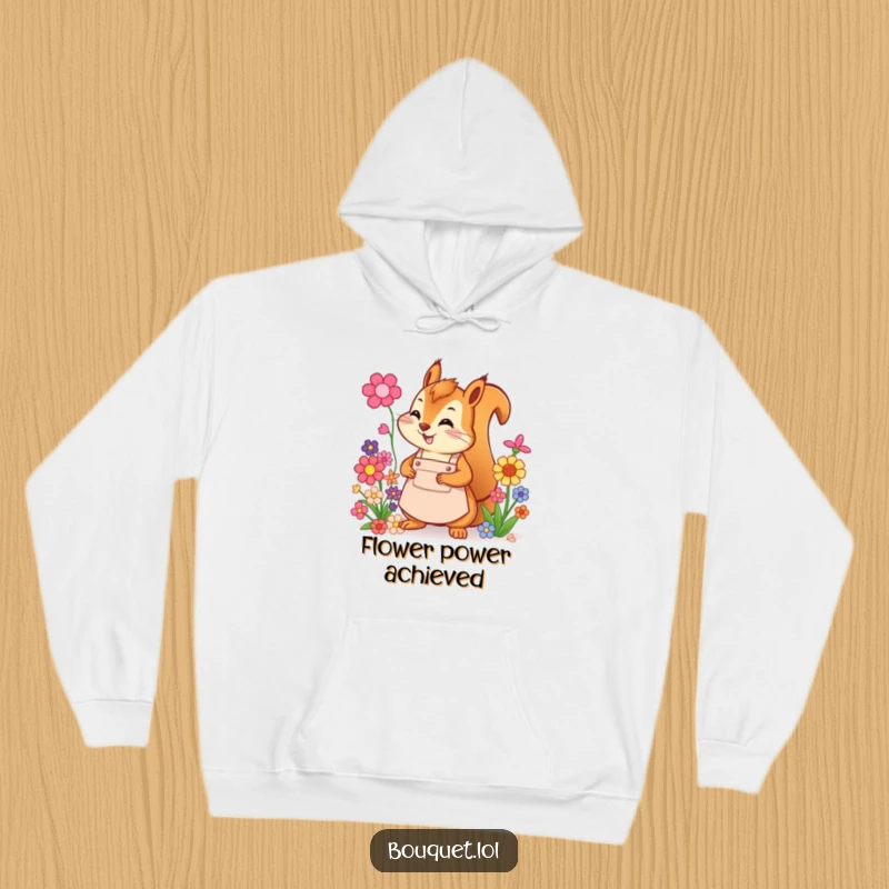 Funny squirrel florist hoodie, energetically arranging a colorful flower bouquet while wearing an apron, radiating happiness and warmth.