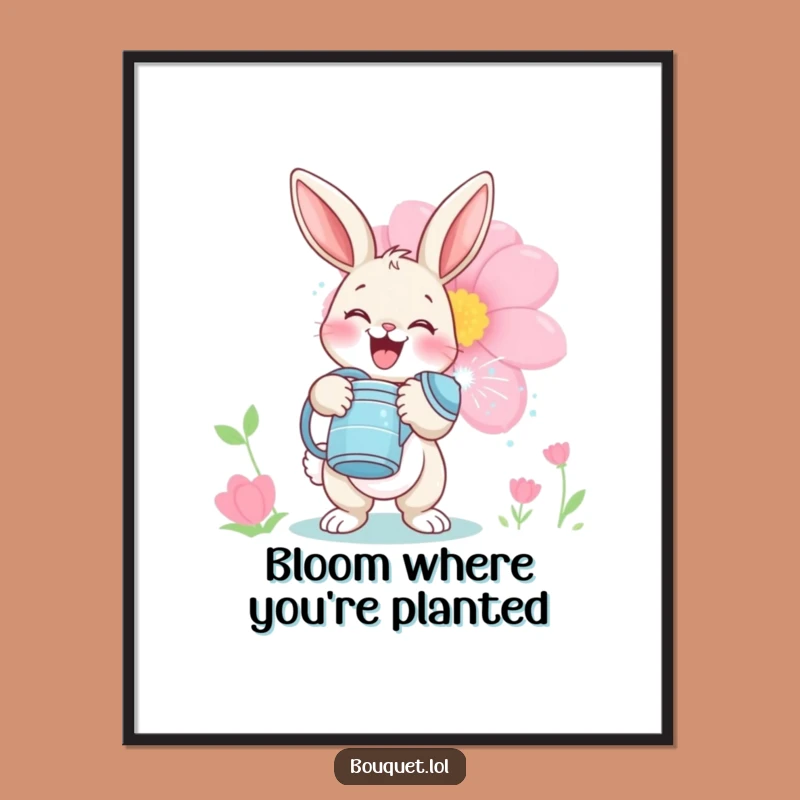 Free Printable Wall Art: Bunny Watering Bloom Humorous Downloadable Decor