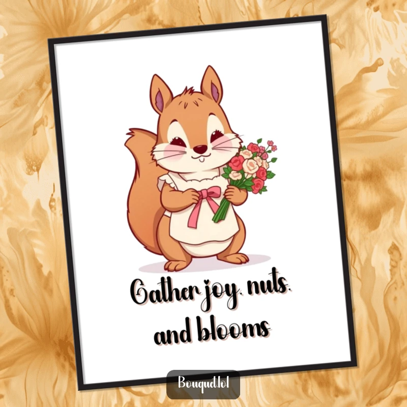 Funny Free Printable Wall Art: Determined squirrel wearing a small apron, meticulously tying a ribbon around a flower bunch.