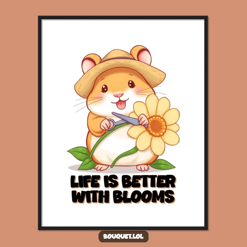 Funny Free Printable Wall Art: Cheerful Hamster Gardener, Whimsical Flower Snipping Downloadable Decor