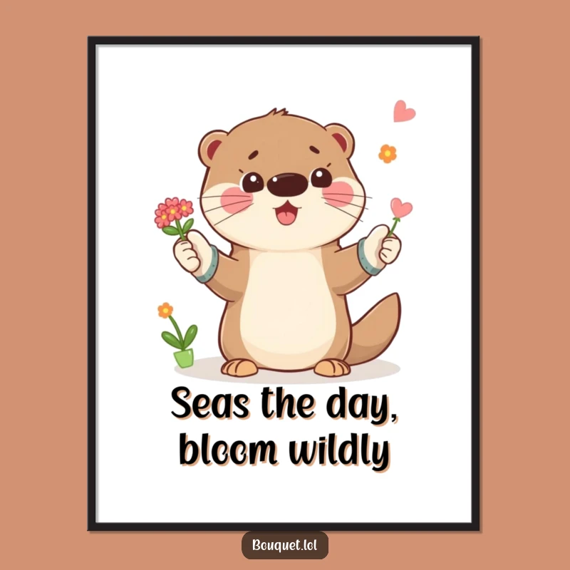 Funny Free Printable Wall Art: Playful Otter with Flowers, Whimsical Aquatic Downloadable Decor