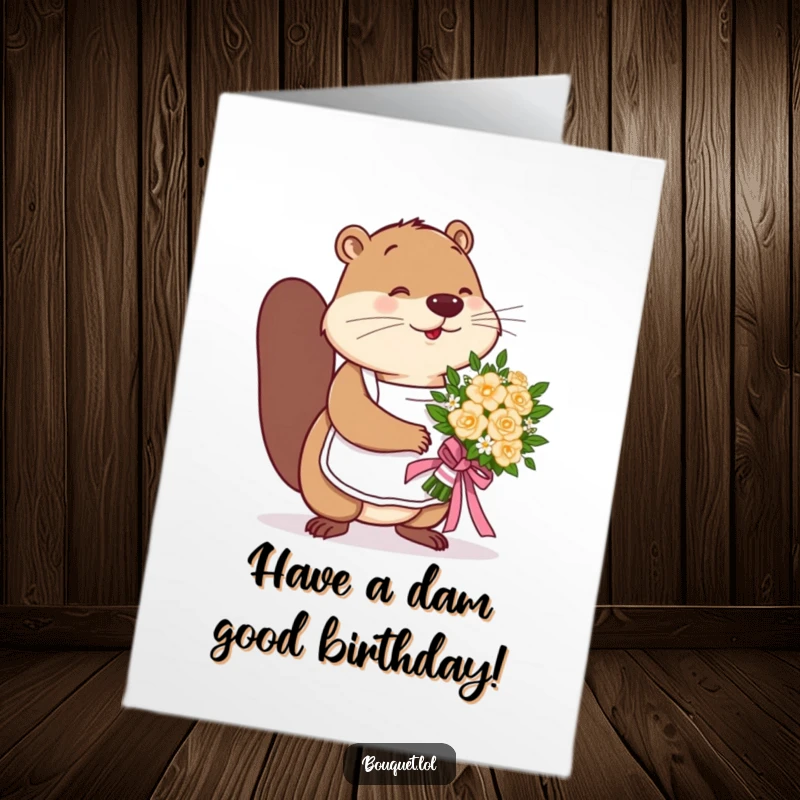 Funny Free Printable Birthday Card: Busy beaver in apron expertly tying a ribbon on a colorful flower bouquet, ready for gifting.
