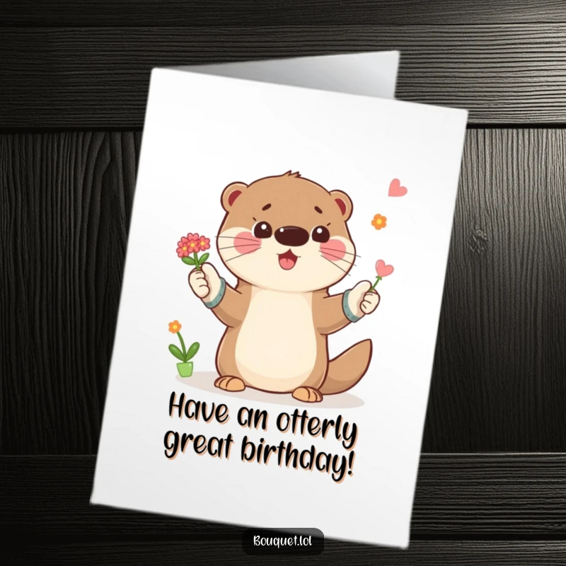 Funny Free Printable Birthday Card: Playful otter in gardening gloves tossing a small bouquet of flowers in the air.