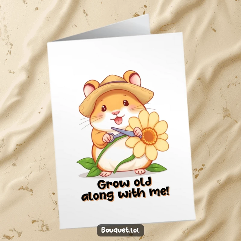 Funny Free Printable Birthday Card: Cheerful hamster in straw hat snipping flower, ready to deliver birthday cheer.