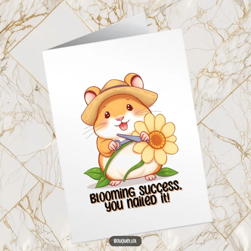 Funny Free Printable Congrats Card: Cheerful hamster gardener snipping a flowerstem with tiny scissors, a symbol of growth.