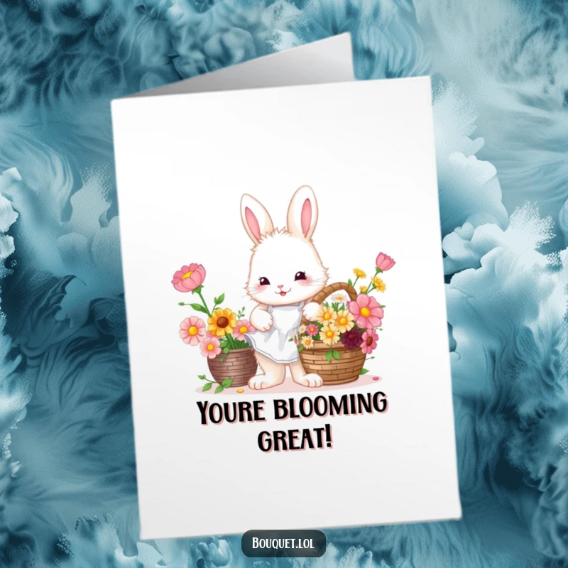 Funny Free Printable Congratulations Card: Bunny florist in apron arranging colorful blooms, celebrating a wonderful achievement.