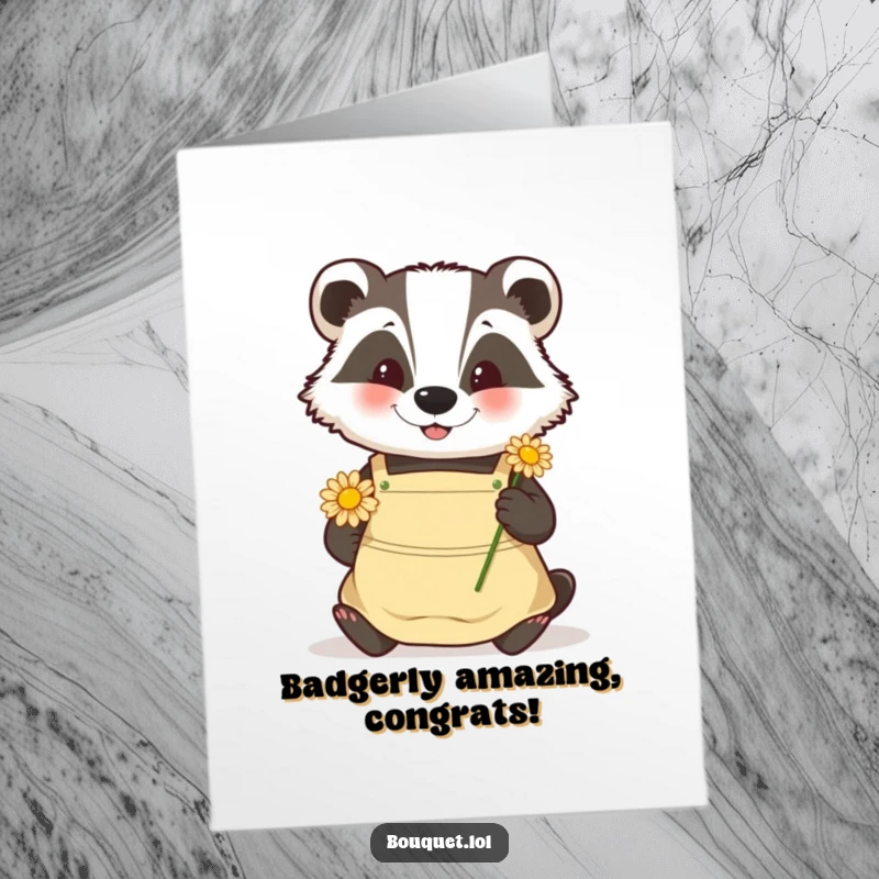 Funny Free Printable Congratulations Card: Happy badger carefully placing a daisy, signifying the start of new achievements and joy.
