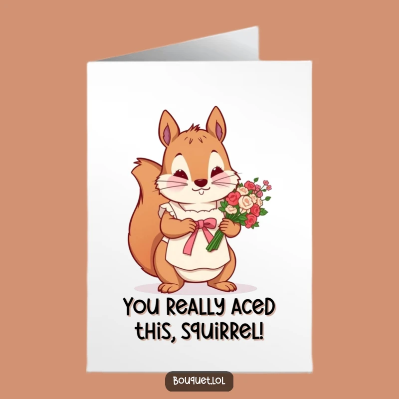 Free Printable Congrats Card: Determined Squirrel Arranging Flowers, Funny Celebration Downloadable