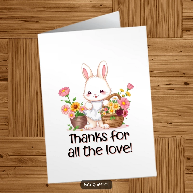 Funny Free Printable Thank You Card: Bunny florist in apron arranging flowers, offering a floral expression of gratitude.