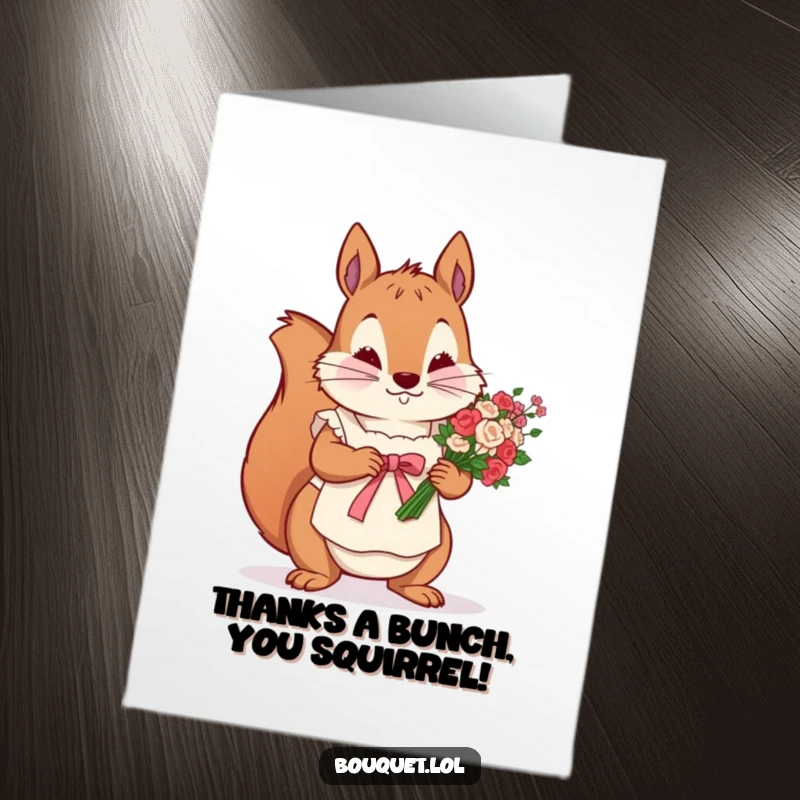 Funny Free Printable Thank You Card: Determined squirrel in apron tying a ribbon around a flower bunch.