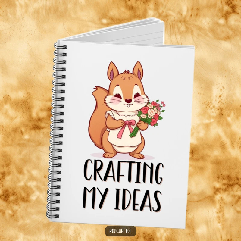 Funny notebook with a determined squirrel in an apron, meticulously tying a ribbon around a flower bunch, perfect for notes and plans.
