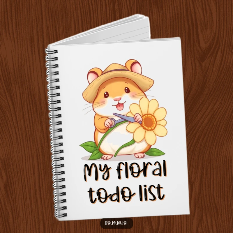 Funny notebook with a cheerful hamster gardener in a straw hat, using tiny scissors to snip a flower stem, ideal for notes and sketches.