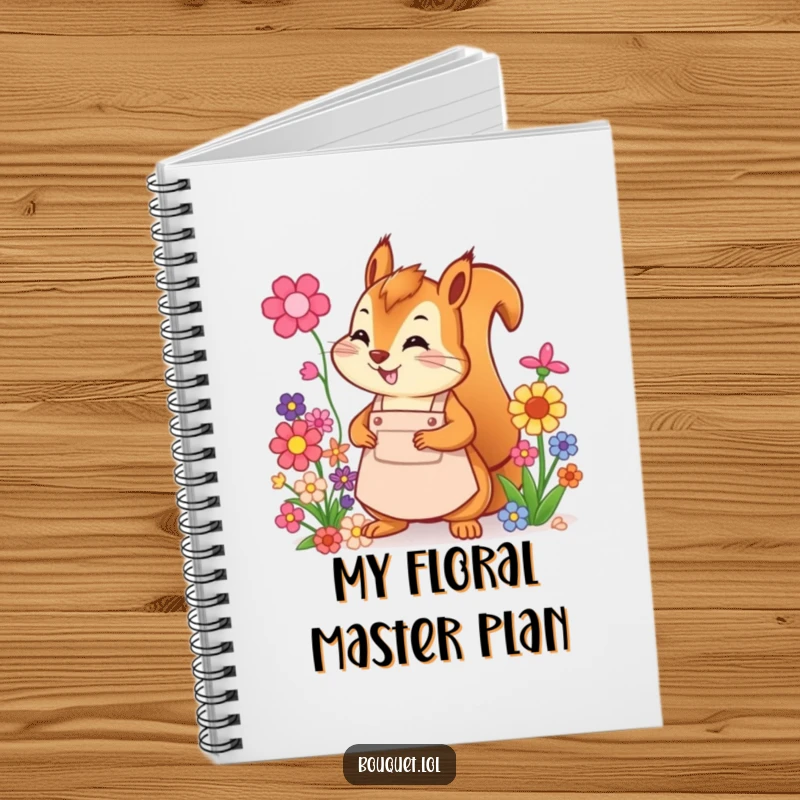 Funny squirrel florist notebook, a cheerful squirrel in an apron energetically arranging colorful flowers, perfect for jotting down creative thoughts.