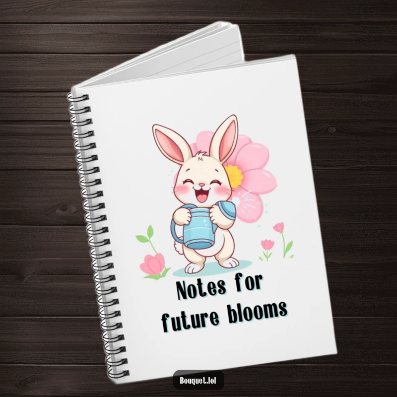 Funny bunny gardener notebook, a delighted rabbit playfully watering a large bloom, perfect for jotting down garden plans or thoughts.