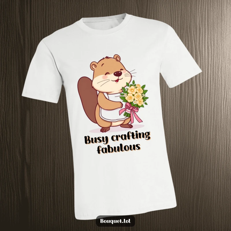 Funny beaver florist t-shirt, a busy beaver in an apron expertly tying a ribbon on a bouquet, showing dedication to craft.