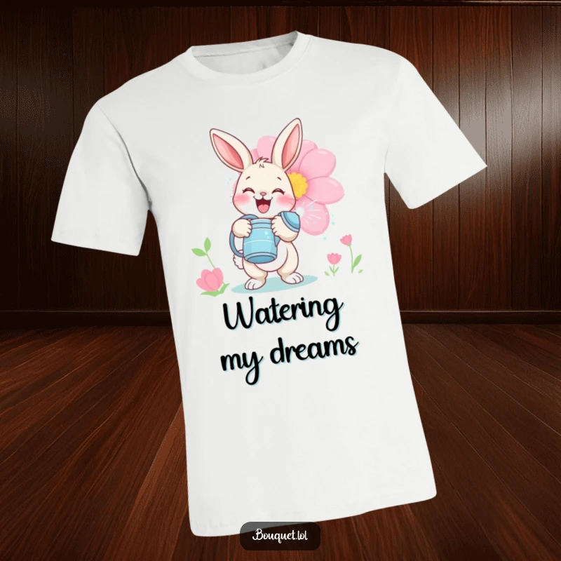 Funny bunny gardener t-shirt, a happy rabbit with a watering can, playfully showering a large flower, celebrating gardening.