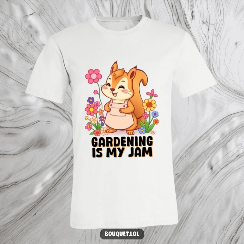 Funny squirrel florist t-shirt, energetically arranging a colorful flower bouquet while wearing an apron, showcasing a joyful gardening spirit.
